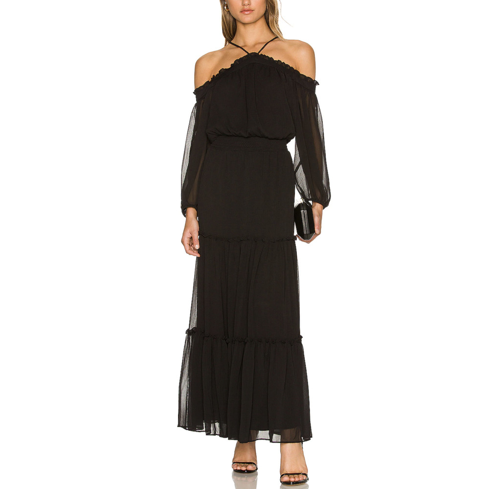 1. State Black Off the Shoulder Chiffon Maxi Dress Ruffle Whimsy Goth Large NEW